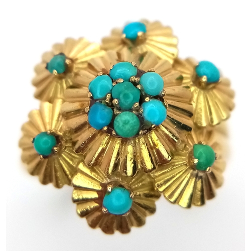 92 - An Italian 18K Yellow Gold and Turquoise Ring. Floral and umbrella form creates a stand-out piece of... 