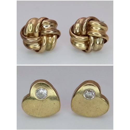 1561 - Two Different Style Pairs of 9K Gold Stud Earrings - Heart and Knot form. 1.1g