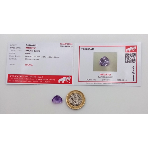 850 - A 7ct Bolivian Amethyst Gemstone. Trillion shape. Comes with a GFCO Swiss authenticity card.