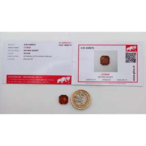 878 - A 4.91ct Madeira Citrine Gemstone. Octagon shape. Comes with GFCO Swiss authenticity card.