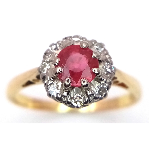 109 - AN 18K YELLOW GOLD DIAMOND & RUBY CLUSTER RING 3.1G TOTAL WEIGHT, SIZE L. Ref: A/S 1209