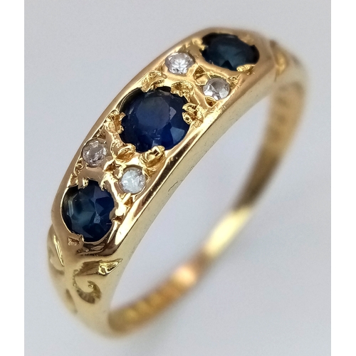 128 - AN 18K YELLOW GOLD VINTAGE DIAMOND & SAPPHIRE RING 2.6G SIZE K 1/2. Ref: SC 3072