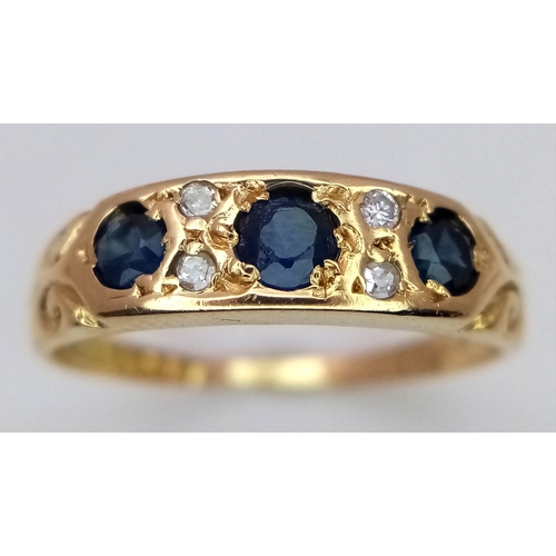 128 - AN 18K YELLOW GOLD VINTAGE DIAMOND & SAPPHIRE RING 2.6G SIZE K 1/2. Ref: SC 3072