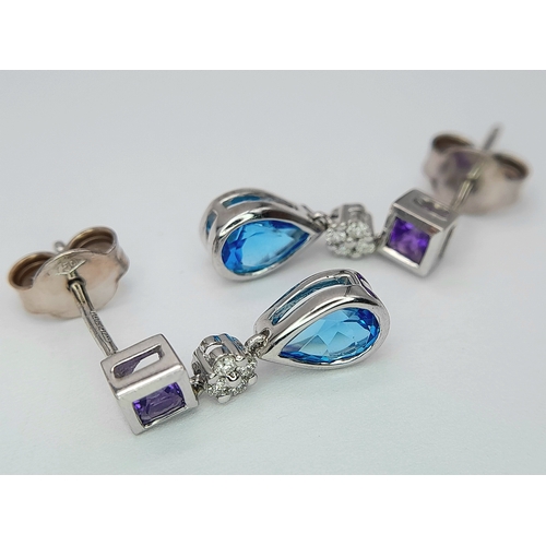 151 - A PAIR OF 18K WHITE GOLD DIAMOND, AMETHYST & TOPAZ SET DROP EARRINGS 2.6G, 2CM DROP. Ref: 8004