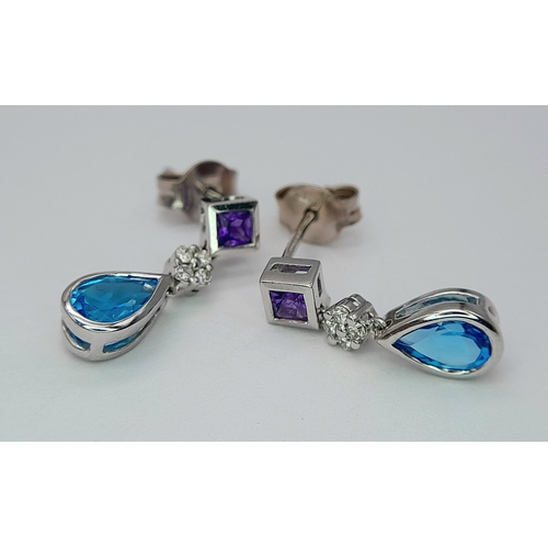 151 - A PAIR OF 18K WHITE GOLD DIAMOND, AMETHYST & TOPAZ SET DROP EARRINGS 2.6G, 2CM DROP. Ref: 8004