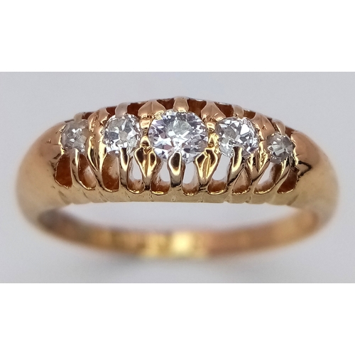 172 - AN 18K YELLOW GOLD VINTAGE OLD CUT DIAMOND 5 STONE RING. 3.2G TOTAL WEIGHT, SIZE K , HALLMARKED LOND... 