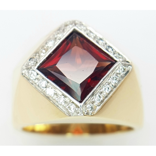 18 - AN 18K YELLOW GOLD DIAMOND & GARNET SIGNET RING 10.5G SIZE N. Ref: SH 1443I