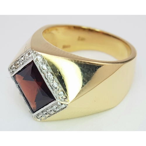 18 - AN 18K YELLOW GOLD DIAMOND & GARNET SIGNET RING 10.5G SIZE N. Ref: SH 1443I