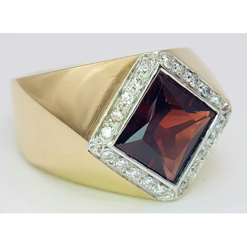 18 - AN 18K YELLOW GOLD DIAMOND & GARNET SIGNET RING 10.5G SIZE N. Ref: SH 1443I