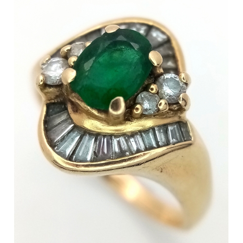 73 - A 14K YELLOW GOLD DIAMOND & EMERALD RING. 0.40CT DIA, 5.4G TOTAL WEIGHT, SIZE R. Ref: 9163