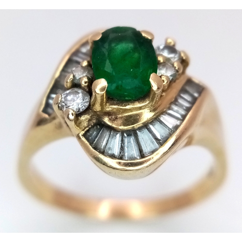 73 - A 14K YELLOW GOLD DIAMOND & EMERALD RING. 0.40CT DIA, 5.4G TOTAL WEIGHT, SIZE R. Ref: 9163