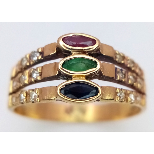 89 - AN 18K YELLOW GOLD DIAMOND, SAPPHIRE, EMERALD & RUBY 3 ROW RING 3.2G SIZE N. Ref: SC 3075