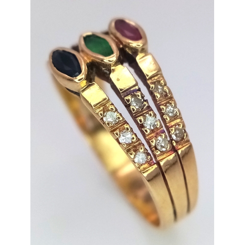 89 - AN 18K YELLOW GOLD DIAMOND, SAPPHIRE, EMERALD & RUBY 3 ROW RING 3.2G SIZE N. Ref: SC 3075