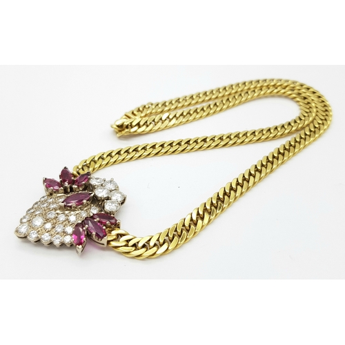 51 - A WGI Certified 18K Gold Curb Link Necklace set with Seven Marquise Mixed Cut Natural Rubies and Thi... 