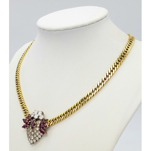 51 - A WGI Certified 18K Gold Curb Link Necklace set with Seven Marquise Mixed Cut Natural Rubies and Thi... 