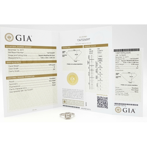 656 - A GIA Certified 950 Platinum Diamond Ring. A 0.90ct Brilliant Modified Square Cut Diamond with SI1 c... 