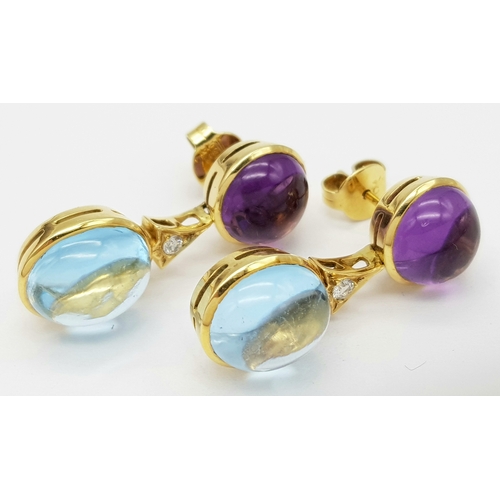 771 - A WGI Certified Pair of 18K Yellow Gold, Topaz, Amethyst and Diamond Drop Earrings. Cabochon cuts wi... 