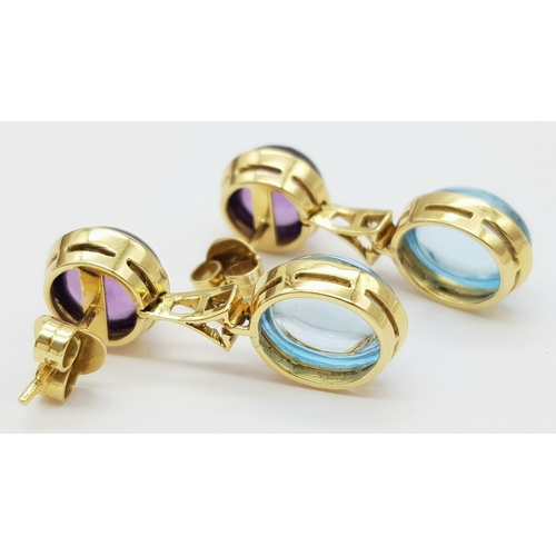 771 - A WGI Certified Pair of 18K Yellow Gold, Topaz, Amethyst and Diamond Drop Earrings. Cabochon cuts wi... 