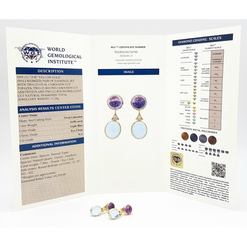 771 - A WGI Certified Pair of 18K Yellow Gold, Topaz, Amethyst and Diamond Drop Earrings. Cabochon cuts wi... 