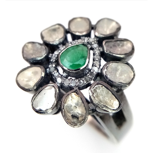 596 - An Emerald and Polki Diamond Ring set in 925 Silver. Size P. 8.7g total weight. 1.2ctw diamonds. CD-... 