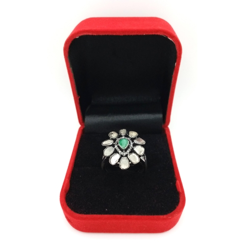 596 - An Emerald and Polki Diamond Ring set in 925 Silver. Size P. 8.7g total weight. 1.2ctw diamonds. CD-... 