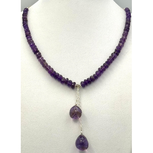 687 - An Amethyst Gemstone Single Strand Necklace with  Amethyst Drops. Set in silver. 42cm. CD-1666