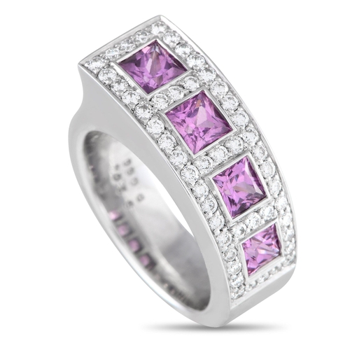 712 - A Bucherer 18K White Gold 0.65ct Diamond and Sapphire Ring. A series of four pink sapphire gemstones... 