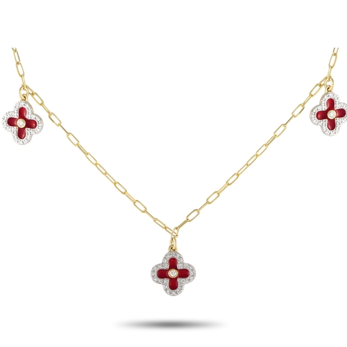 958 - A 14K Yellow Gold 0.25ct Diamond and Red Enamel Three Flower Necklace. A trio of red clover-shaped m... 