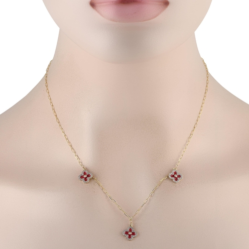 958 - A 14K Yellow Gold 0.25ct Diamond and Red Enamel Three Flower Necklace. A trio of red clover-shaped m... 