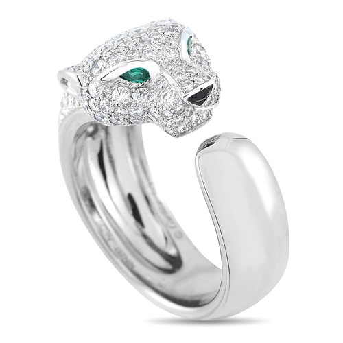 1643 - An Cartier Panther 18K White Gold 1.15ct Diamond, Emerald and Onyx Ring. CA33-011725  *This item is ... 