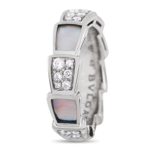 1651 - An Bvlgari Serpenti Viper 18K White Gold 0.41ct Diamond and Mother of Pearl Ring. Inspired by the li... 