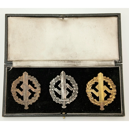 850 - A Box set of all 3 Grades of German SA Sports Badges. Bronze, Silver & Gold.