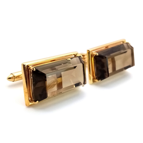 30 - A Pair of 14k Gold and Large Rectangular Cut Smoky Quartz Cufflinks. 21.4g total weight. With case.