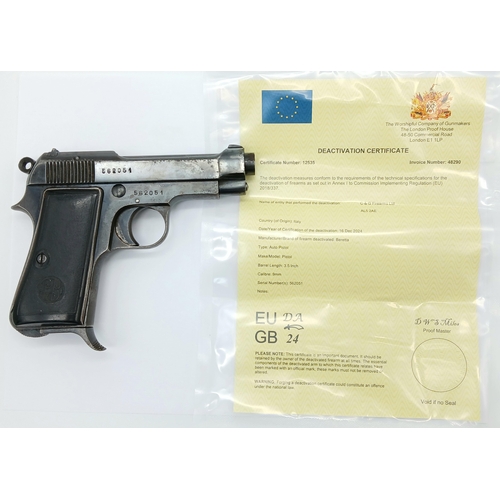 919 - A Rare 1937 Beretta (Fascist Marked) Semi-Automatic Deactivated Pistol. Model 34, Italian army-issue... 