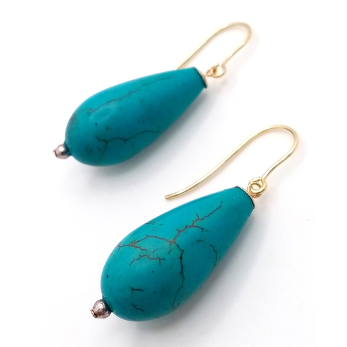 274 - A Pair of Turquoise Pear-Drop Earrings. 9K Gold Hooks. 3cm