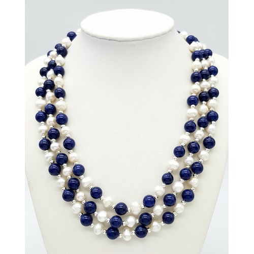 890 - A Three Row Lapis Lazuli and Cultured Pearl Necklace. 40-42cm. 7/8 mm.