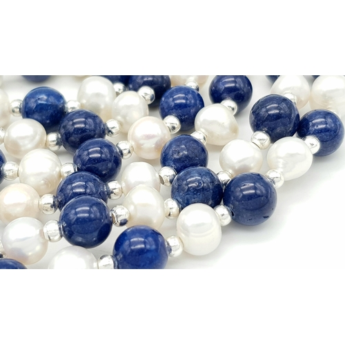 890 - A Three Row Lapis Lazuli and Cultured Pearl Necklace. 40-42cm. 7/8 mm.