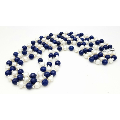 890 - A Three Row Lapis Lazuli and Cultured Pearl Necklace. 40-42cm. 7/8 mm.