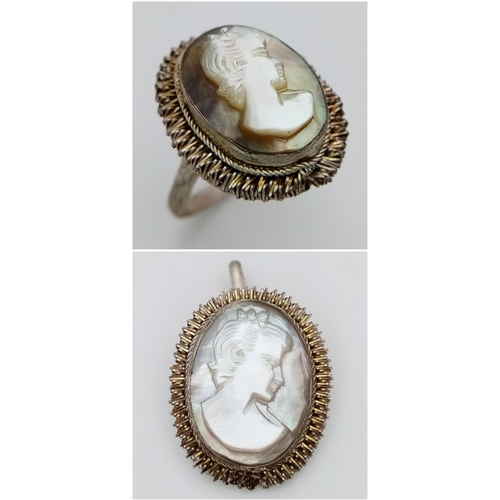 443 - A Victorian Carved Relief Cameo Pendant and Ring Set. Ring - size N. Pendant - 3.5cm.