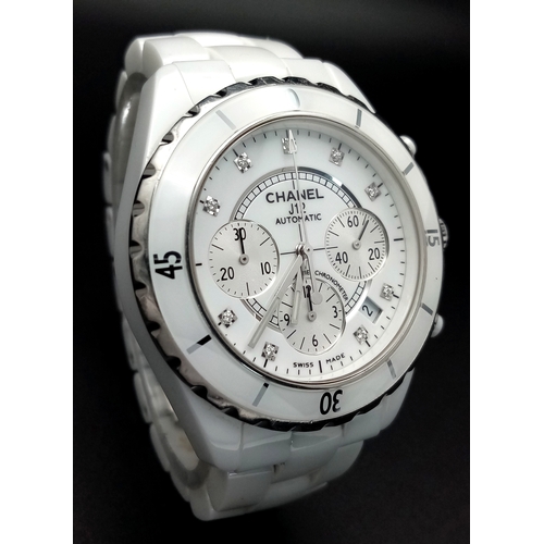 92 - A Chanel J12 Automatic Diamond Ladies Chronograph Watch. White ceramic bracelet. White ceramic and s... 