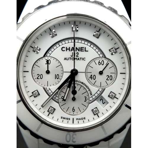 92 - A Chanel J12 Automatic Diamond Ladies Chronograph Watch. White ceramic bracelet. White ceramic and s... 