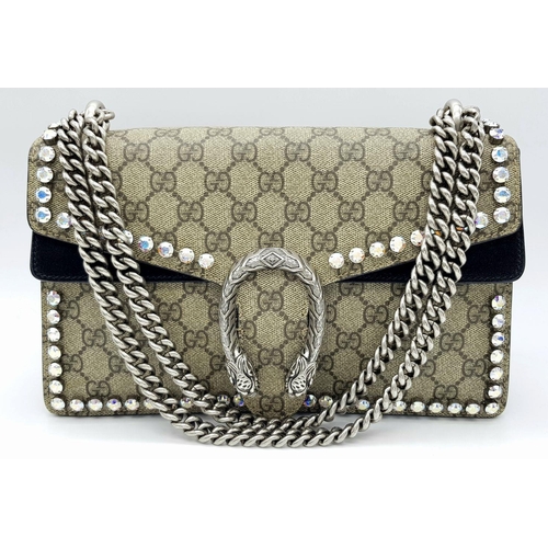 97 - A Gucci GG Supreme Crystal Dionysus Shoulder Bag. Monogram coated canvas and textile exterior with l... 