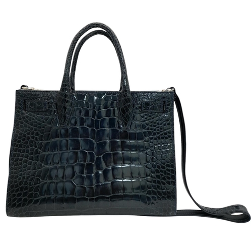 132 - A Parmeggiani Crocodile-Embossed Leather Structured Tote Bag. Dark blue crocodile-embossed leather e... 