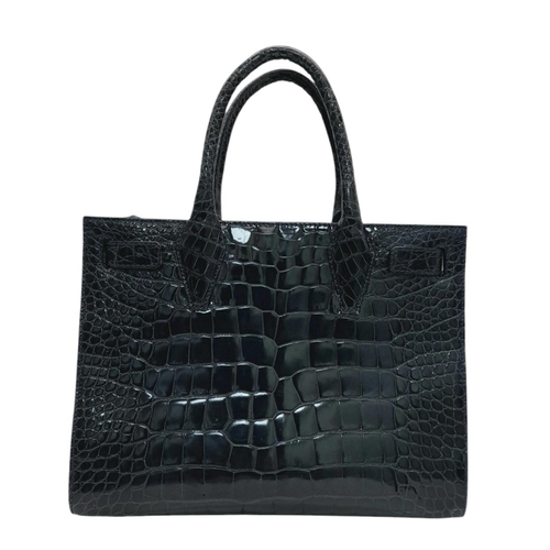 132 - A Parmeggiani Crocodile-Embossed Leather Structured Tote Bag. Dark blue crocodile-embossed leather e... 