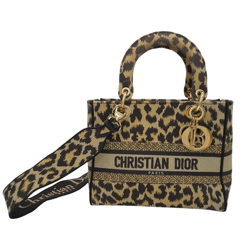 166 - A Christian Dior Canvas Mizza Embroidered Lady D-Lite Bag.  Beige and black leopard print canvas ext... 