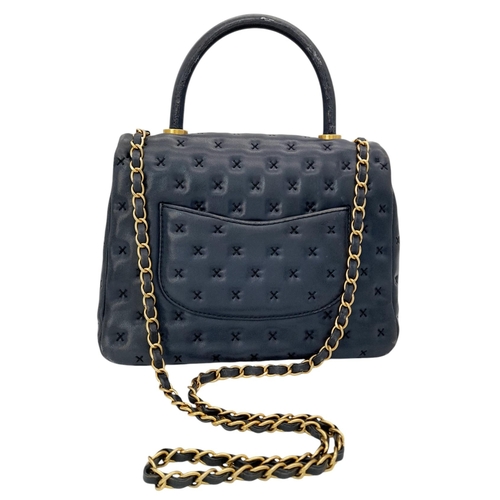 201 - A Chanel Lambskin Cross Stitch Coco Handle Flap Bag. Dark blue lambskin leather exterior with X-patt... 