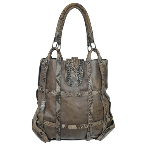 398 - An Alexander McQueen Khaki and Python Nova Tote Bag. Leather and python skin exterior with silver-to... 