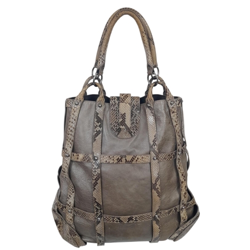 398 - An Alexander McQueen Khaki and Python Nova Tote Bag. Leather and python skin exterior with silver-to... 