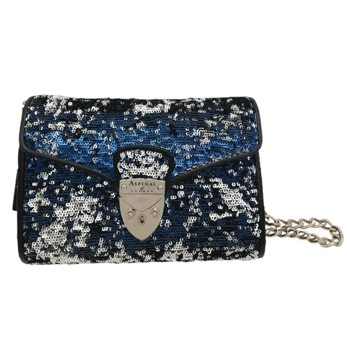 539 - An Aspinal of London Blue and Silver Sequinned Shoulder Bag. Sequinned exterior with black leather t... 