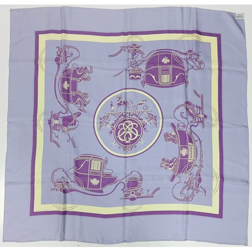 685 - A Hermès Ex Libris Purple Silk Scarf featuring a striking design of horse carriages in purple and iv... 